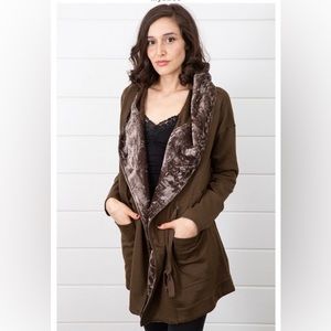 Hunter green cinch waist coat with velvet trim hood.